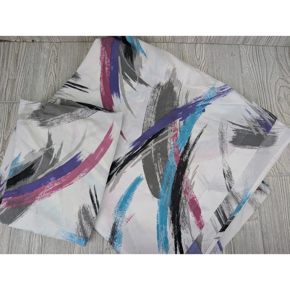 Vintage 90s Paint Stroke Twin Sheets Teal Purple Flat Fitted USA 80s Retro